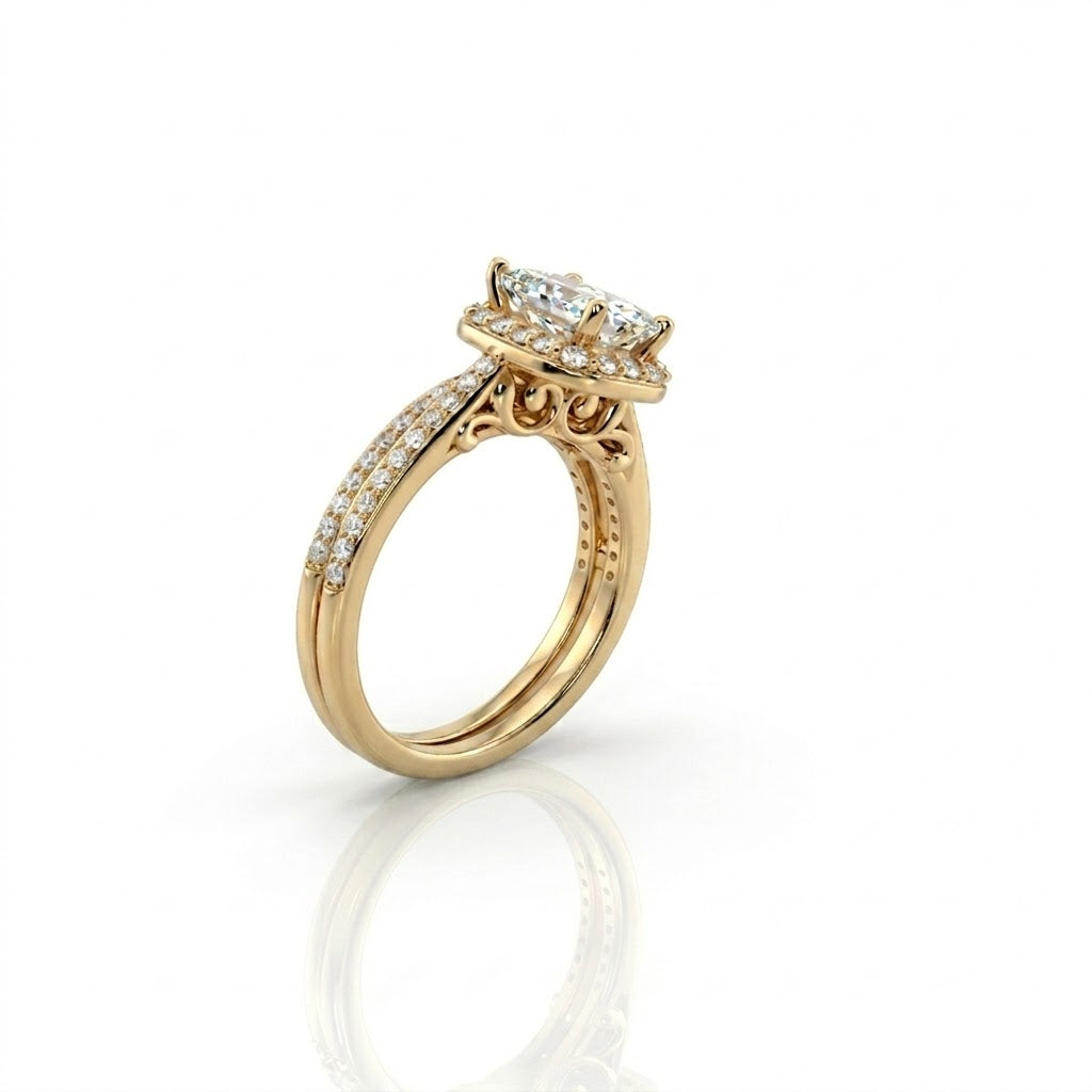 Radiant-Cut Diamond Bridal Set | 14K Yellow Gold | Halo Engagement Ring Set | 1.30 CT Center Diamond with Pavé Accents - Brownee Jewelers