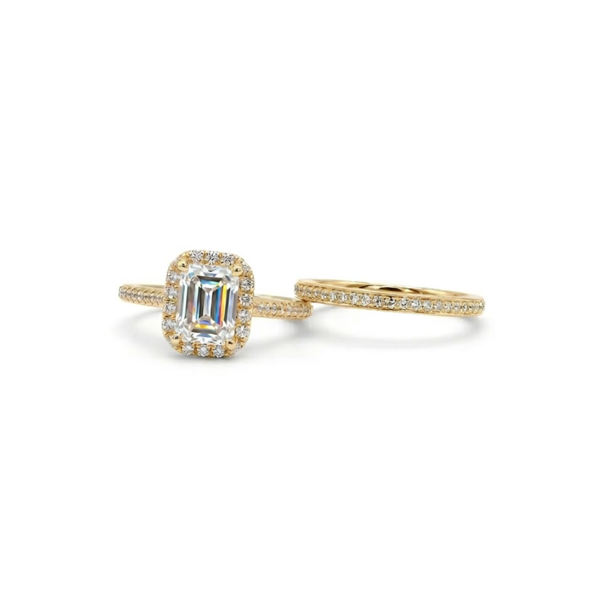 Radiant-Cut Diamond Bridal Set | 14K Yellow Gold | Halo Engagement Ring Set | 1.30 CT Center Diamond with Pavé Accents - Brownee Jewelers
