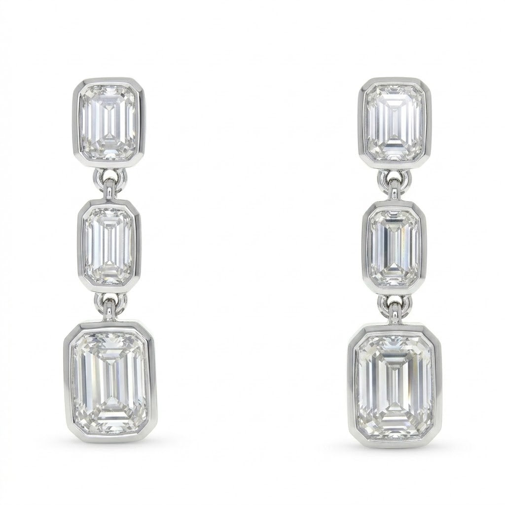 Emerald-Cut Lab-Grown Diamond Bezel Dangle Earrings | 14K White Gold | 3.50 CTW