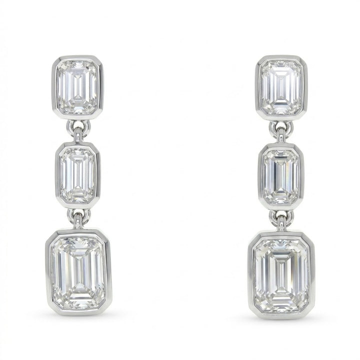 Emerald-Cut Lab-Grown Diamond Bezel Dangle Earrings | 14K White Gold | 3.50 CTW Lab-Grown Diamonds | Three-Stone Drop Earrings - Brownee Jewelers
