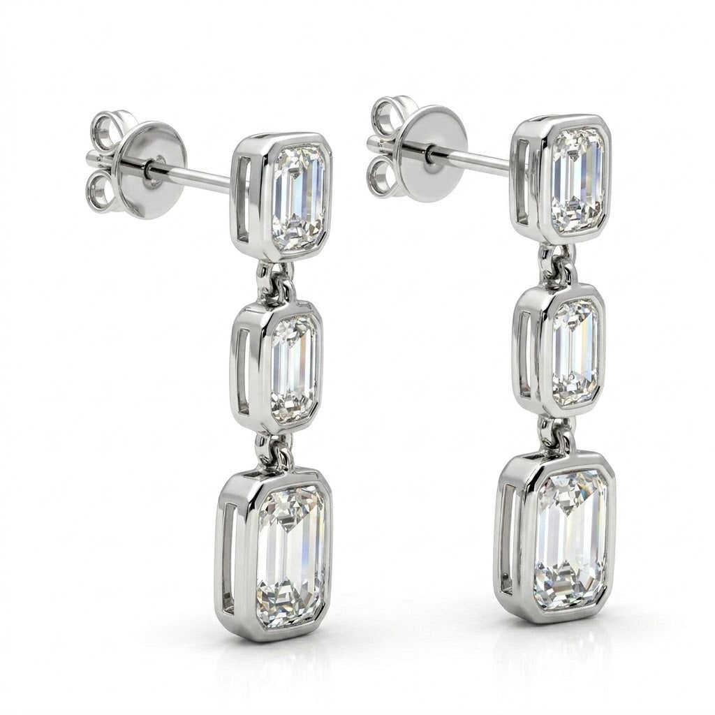 Emerald-Cut Lab-Grown Diamond Bezel Dangle Earrings | 14K White Gold | 3.50 CTW