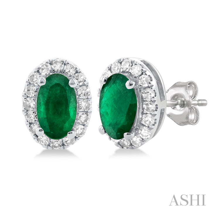 Oval Emerald Diamond Halo Stud Earrings | 10K White Gold | 0.13 ctw | Friction Back - Brownee Jewelers