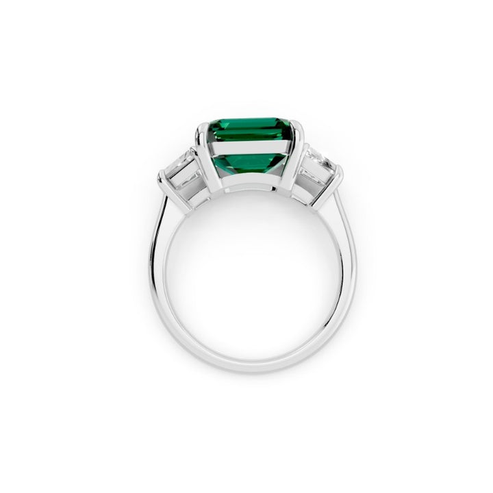 Emerald-Cut Green Columbia Emerald Center Stone Ring | 14K White Gold | 5.03 ctw | Trapezoid Lab-Grown Diamond Accents | Three-Stone Design - Brownee Jewelers