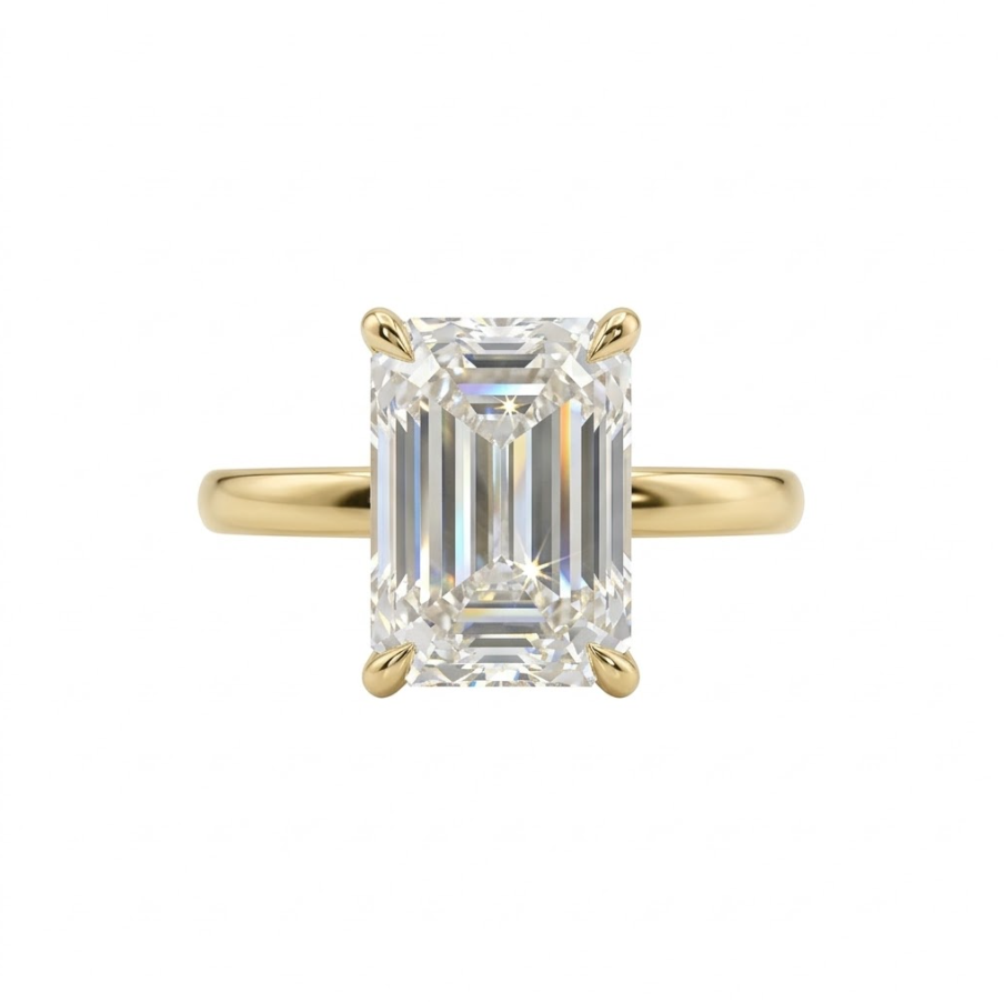 Emerald Cut Lab-Grown Diamond Engagement Ring | 14K Yellow Gold | 4.13 ct Center with Round Accents | F Color, VS1 | Hidden Halo Solitaire | 380874G - Brownee Jewelers