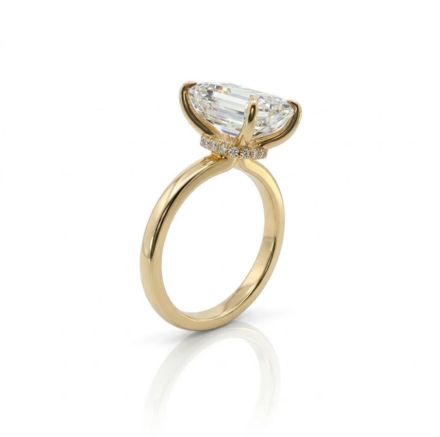 Emerald Cut Lab-Grown Diamond Engagement Ring | 14K Yellow Gold | 4.13 ct Center with Round Accents | F Color, VS1 | Hidden Halo Solitaire | 380874G - Brownee Jewelers