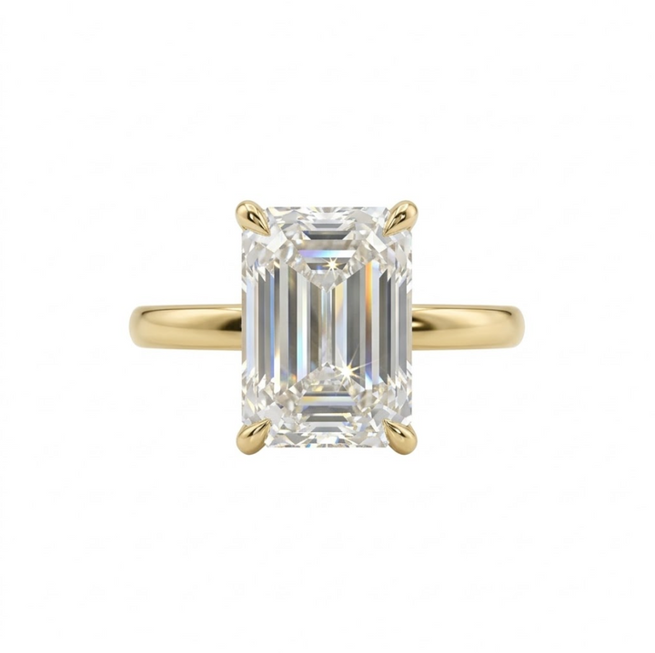 Emerald Cut Lab-Grown Diamond Engagement Ring | 14K Yellow Gold | 4.13 ct Center with Round Accents | F Color, VS1 | Hidden Halo Solitaire - Brownee Jewelers