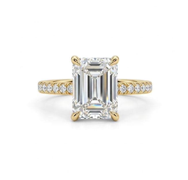 Emerald-Cut Lab-Grown Diamond Engagement Ring | 14K Yellow Gold | 5.04 ct Emerald Cut | G Color, VS1 | Pavé Diamond Band | Classic Solitaire - Brownee Jewelers