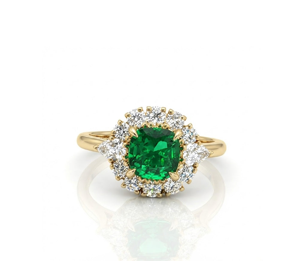 Cushion Emerald & Lab-Grown Diamond Halo Ring | 10K Yellow Gold | 1.90 ctw | Halo Ring - Brownee Jewelers