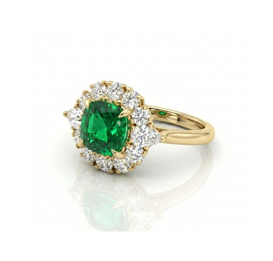 Cushion Emerald & Lab-Grown Diamond Halo Ring | 10K Yellow Gold | 1.90 ctw | Halo Ring - Brownee Jewelers