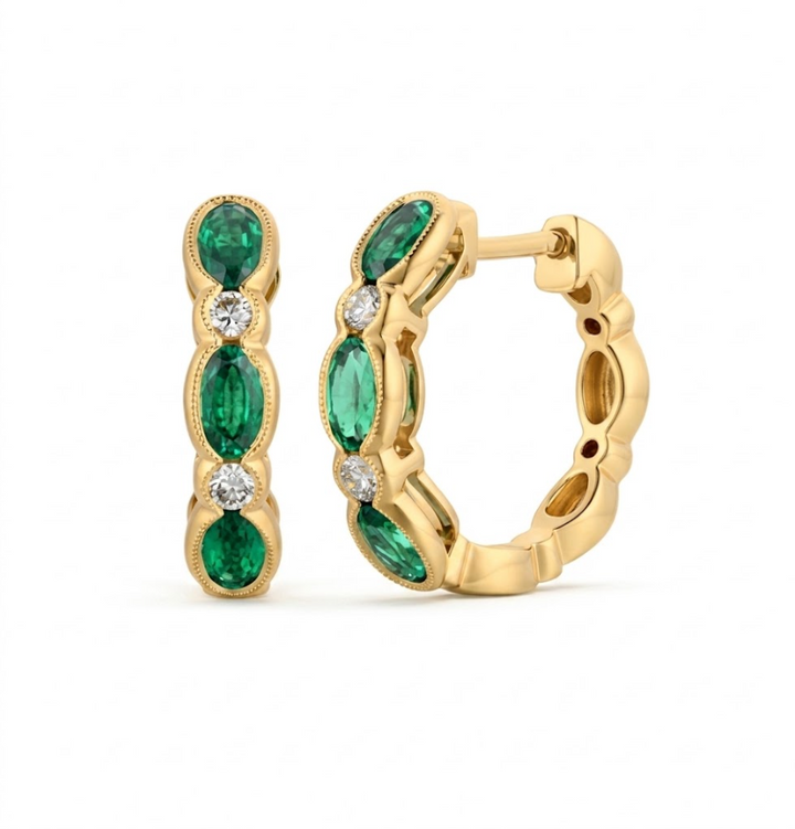 Le Vian® 14K Honey Gold™ Costa Smeralda Emerald™ & Vanilla Diamond® Hoop Earrings These luxurious Le Vian® hoops feature 1 1/8 cts. of Costa Smeralda Emeralds™ in alternating oval and marquise shapes, delivering rich, vibrant green color inspired by the Mediterranean coast