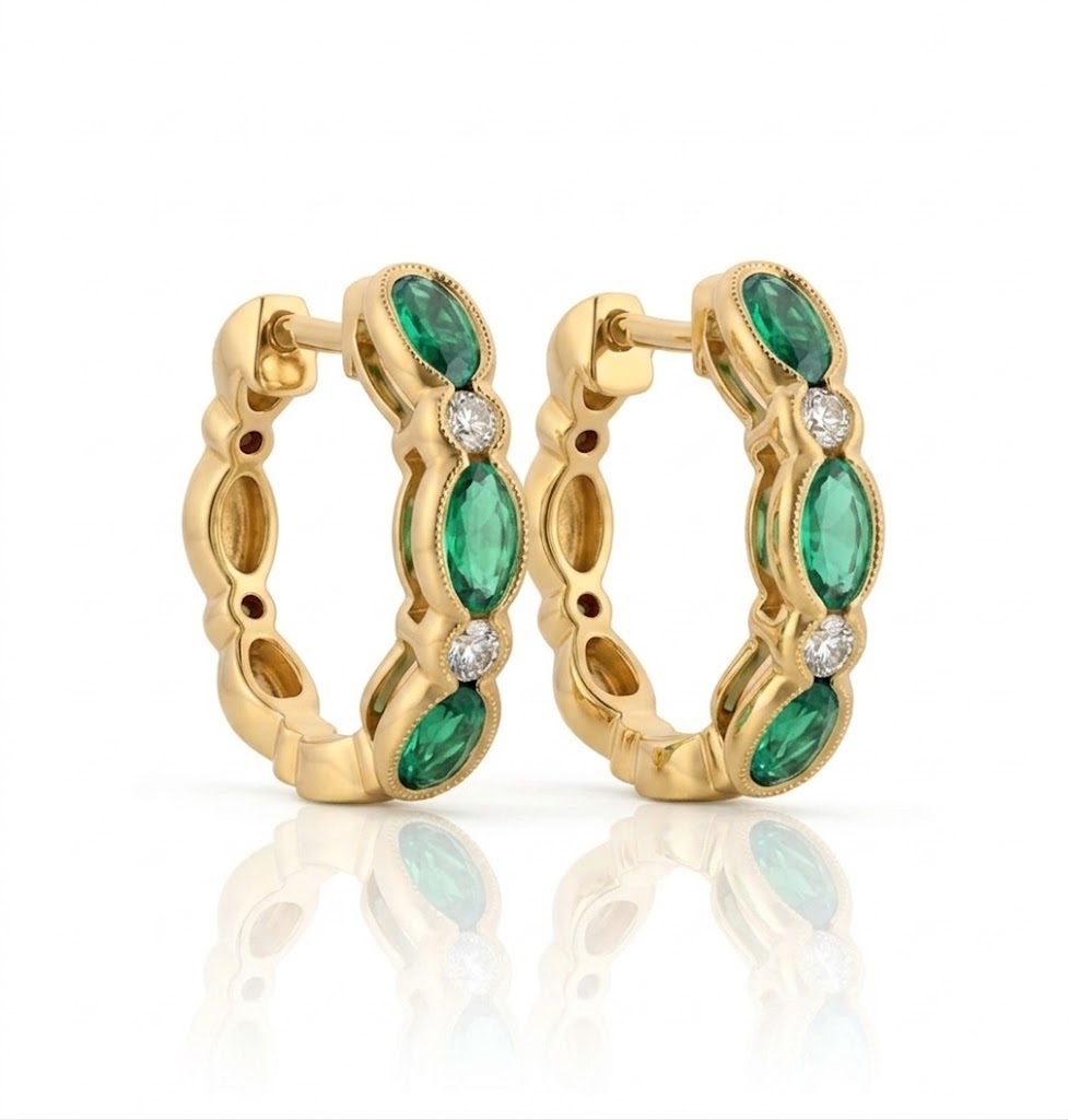 Le Vian® 14K Honey Gold™ Costa Smeralda Emerald™ & Vanilla Diamond® Hoop Earrings These luxurious Le Vian® hoops feature 1 1/8 cts. of Costa Smeralda Emeralds™ in alternating oval and marquise shapes, delivering rich, vibrant green color inspired by the Mediterranean coast