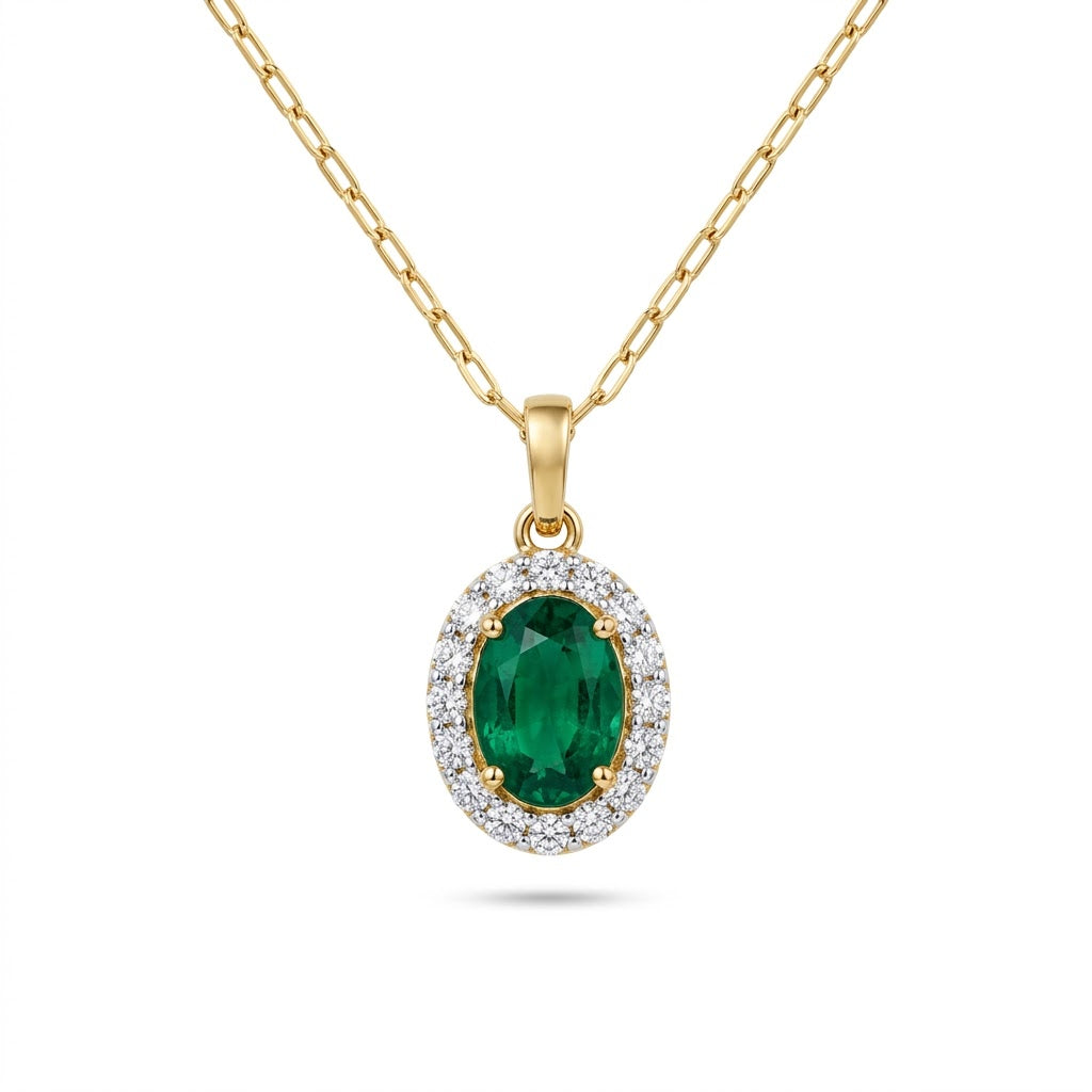 Oval Emerald with Round Diamond Halo Necklace in 14kt Yellow Gold