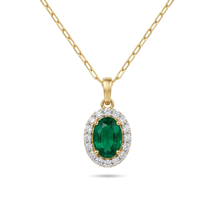 Oval Emerald with Round Diamond Halo Necklace in 14kt Yellow Gold
