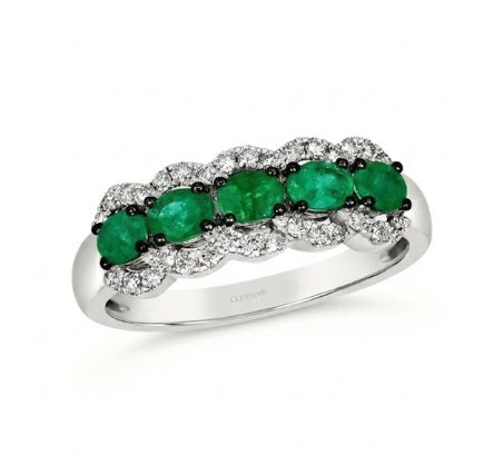Oval Emerald & Diamond Ring | 14K White Gold | 0.35 ctw | Alternating Gem Band - Brownee Jewelers
