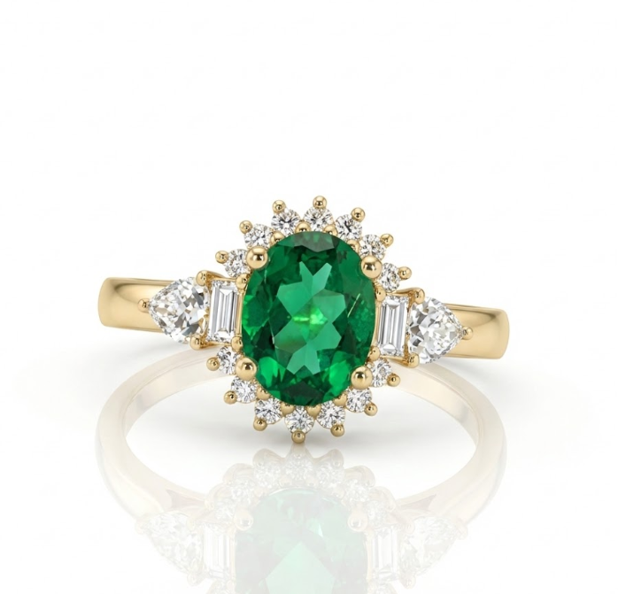 Oval Emerald & Lab-Grown Diamond Halo Ring | 1.50 ct Emerald | 0.40 ctw Diamonds | 10K Yellow Gold - Brownee Jewelers