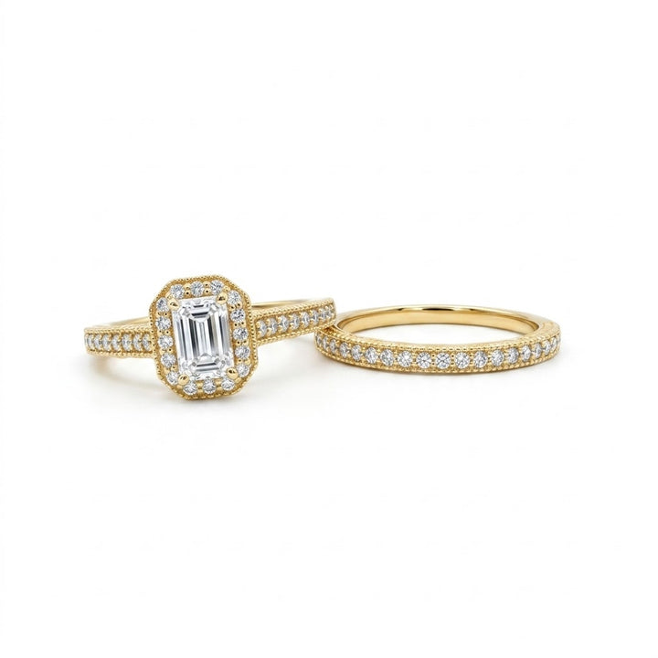 Emerald Cut Diamond Halo Bridal Set | 14K Yellow Gold | Vintage-Inspired Pavé Engagement Ring Set | .70 CT Center - Brownee Jewelers