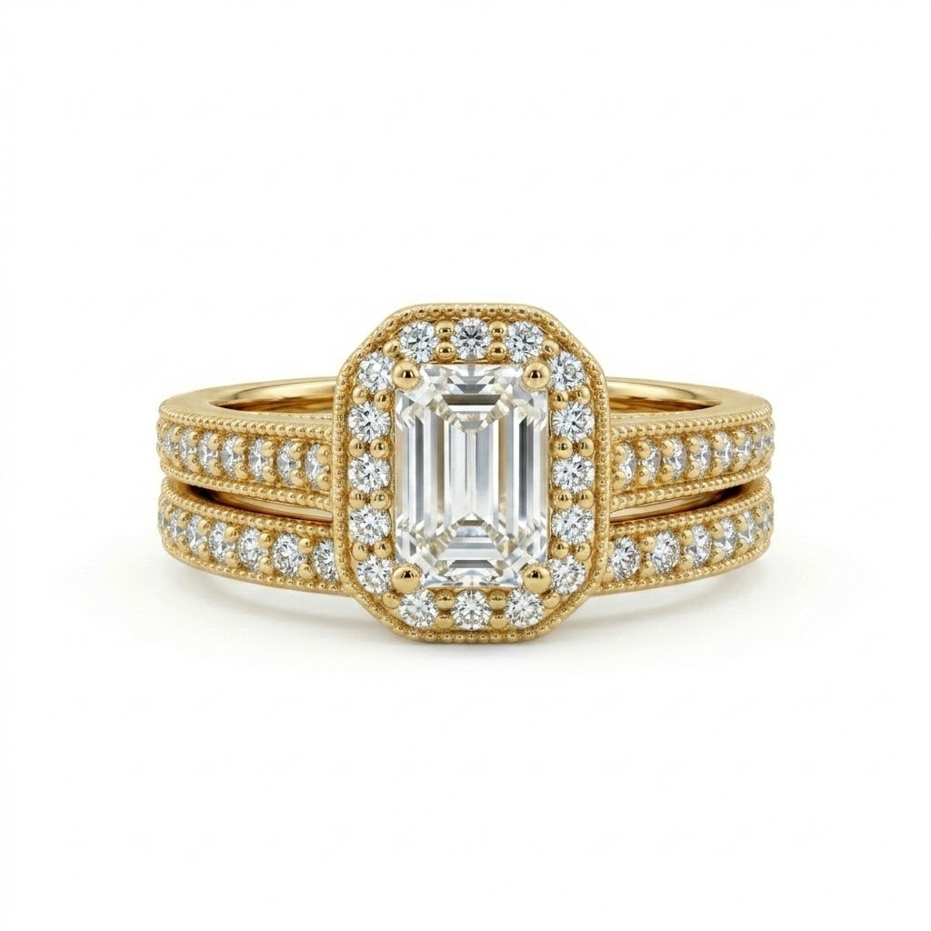 Emerald Cut Diamond Halo Bridal Set | 14K Yellow Gold | Vintage-Inspired Pavé Engagement Ring Set | .70 CT Center - Brownee Jewelers
