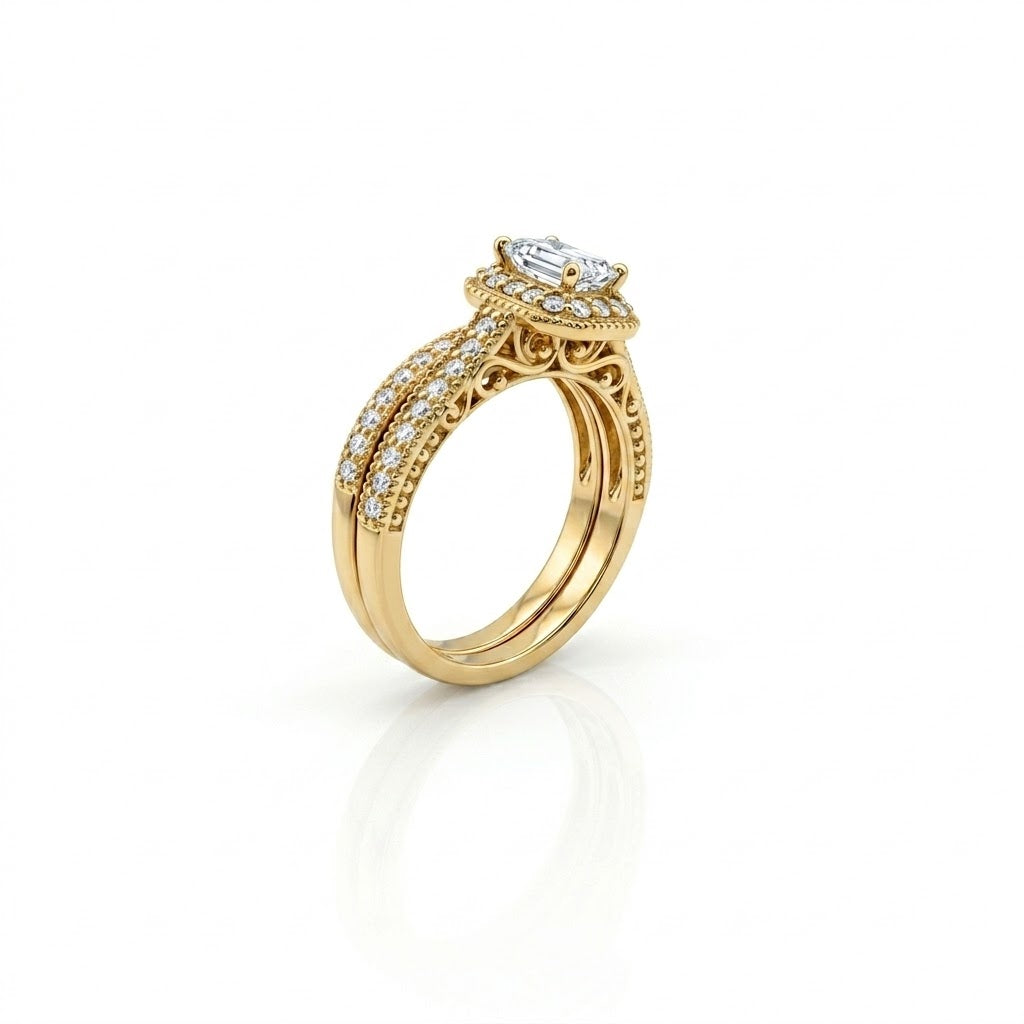 Emerald Cut Diamond Halo Bridal Set | 14K Yellow Gold | Vintage-Inspired Pavé Engagement Ring Set | .70 CT Center - Brownee Jewelers
