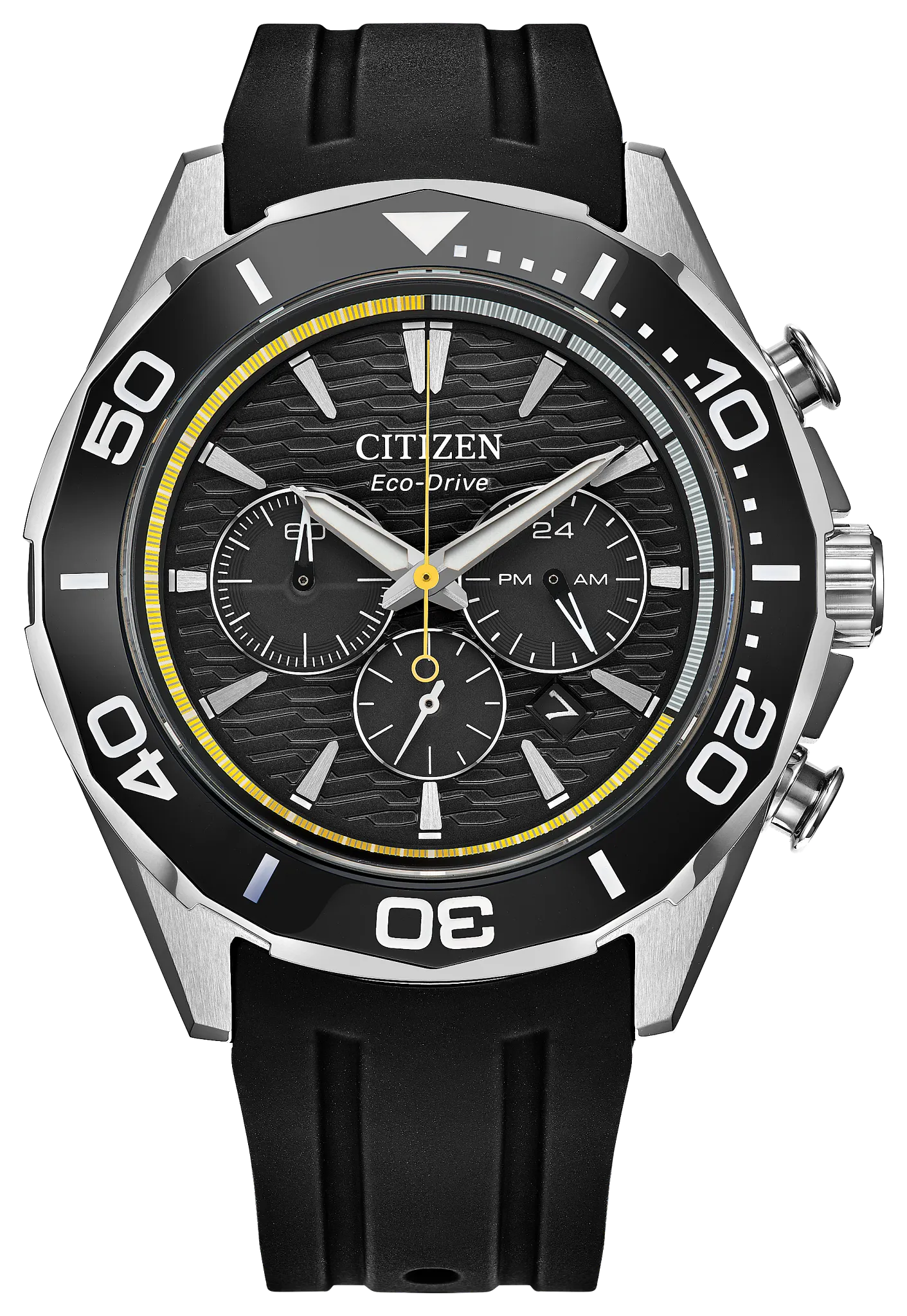 Eco-Drive Endeavor Chronograph Watch with a Black Dial, Stainless Steel Case, and a Black Polyurethane Strap