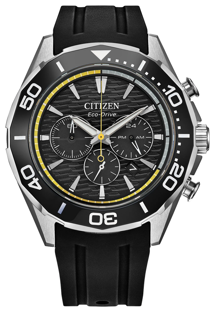 Citizen | Eco-Drive Endeavor Chronograph Watch | 43mm Stainless Steel Case | Black Dial | Black Polyurethane Strap | CA4730-08E - Brownee Jewelers