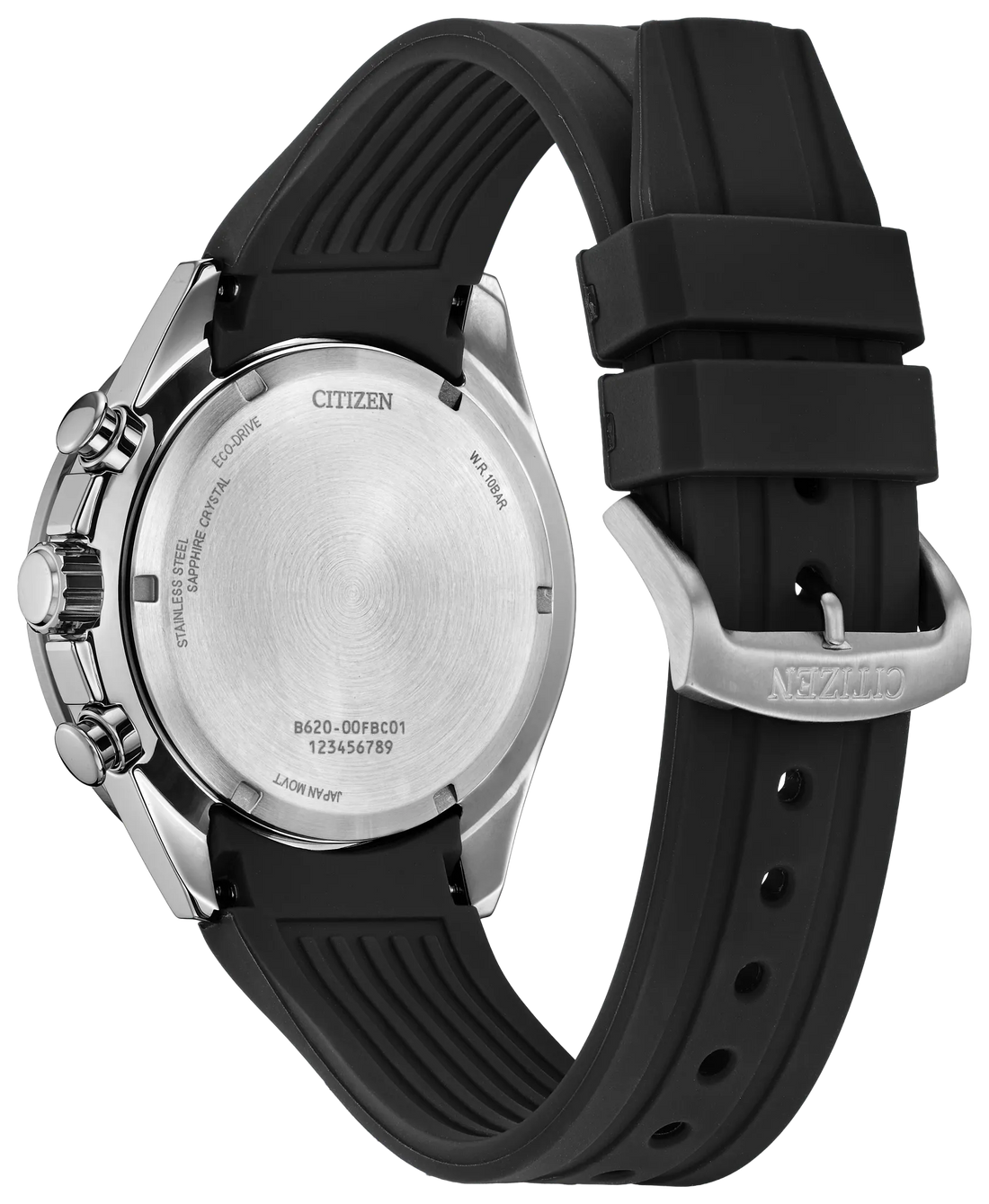 Eco-Drive Endeavor Chronograph Watch with a Black Dial, Stainless Steel Case, and a Black Polyurethane Strap
