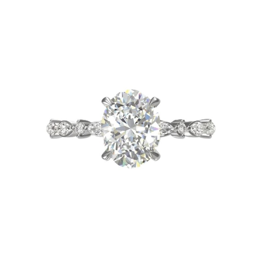 14K White Gold Oval Lab-Grown Center Diamond with Round and Marquise Side Alternating Side Stones Engagement Ring