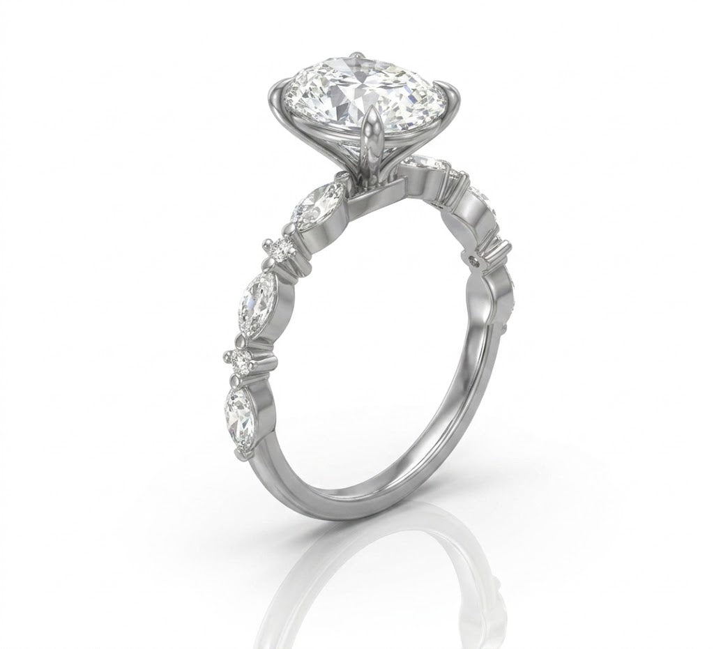 14K White Gold Oval Lab-Grown Center Diamond with Round and Marquise Side Alternating Side Stones Engagement Ring