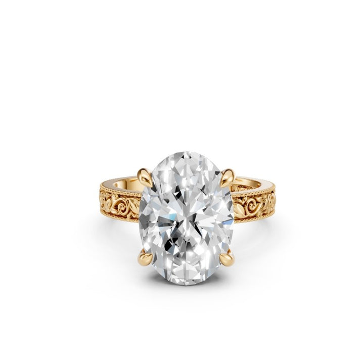 Oval Lab-Grown Diamond Engagement Ring | 14K Yellow Gold | 5.05 ctw | Hidden Halo & Diamond Bridge | Engraved Shank - Brownee Jewelers