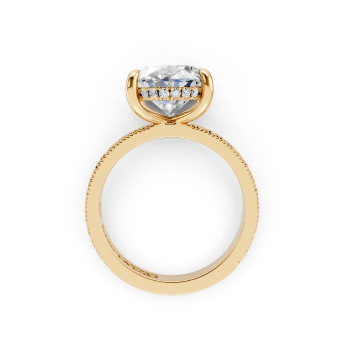 Oval Lab-Grown Diamond Engagement Ring | 14K Yellow Gold | 5.05 ctw | Hidden Halo & Diamond Bridge | Engraved Shank - Brownee Jewelers