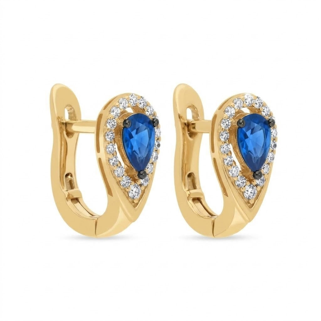 .45 TOTAL CARAT WEIGHT BLUE SAPPHIRE AND .17 TOTAL CARAT WEIGHT DIAMOND HALO HUGGIE EARRINGS IN 14K WHITE GOLD