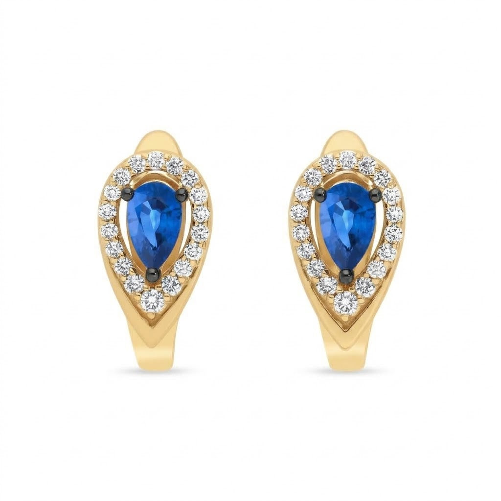 .45 TOTAL CARAT WEIGHT BLUE SAPPHIRE AND .17 TOTAL CARAT WEIGHT DIAMOND HALO HUGGIE EARRINGS IN 14K WHITE GOLD