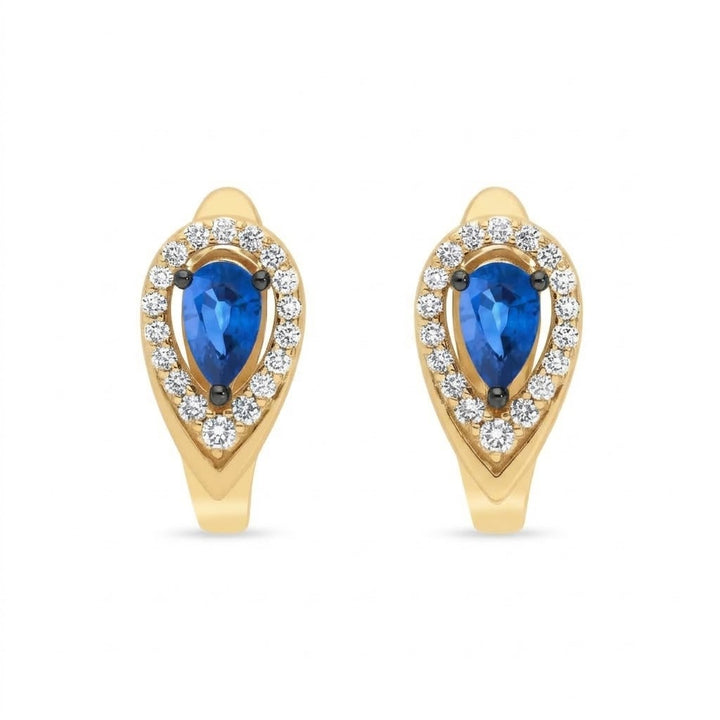 .45 TOTAL CARAT WEIGHT BLUE SAPPHIRE AND .17 TOTAL CARAT WEIGHT DIAMOND HALO HUGGIE EARRINGS IN 14K WHITE GOLD