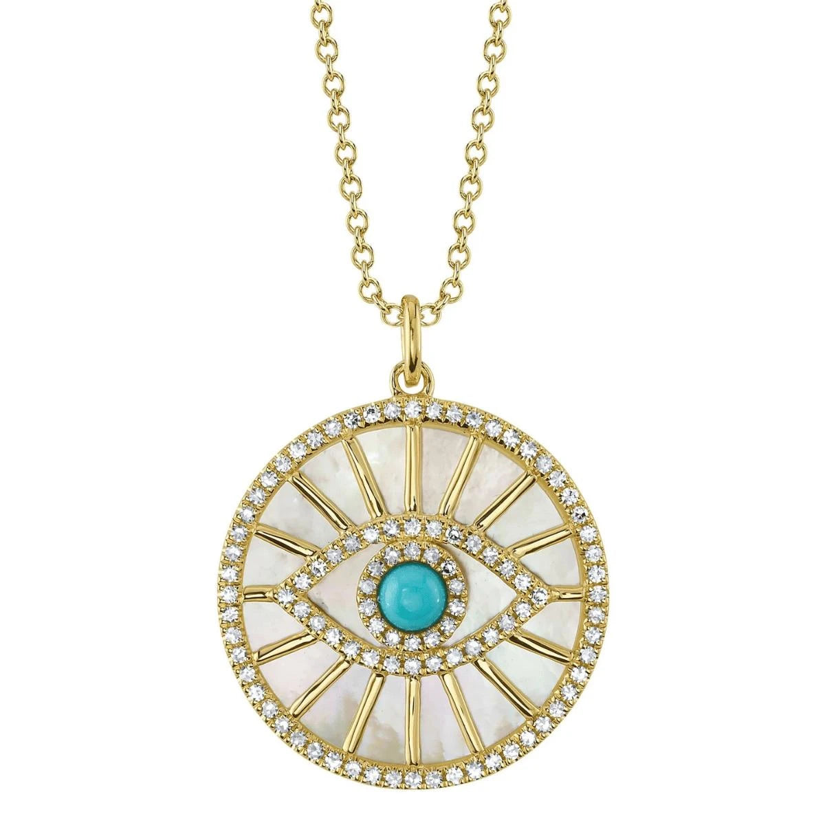 DIAMOND, TURQUOISE, AND MOTHER OF PEARL EYE PENDANT IN 14K YELLOW GOLD