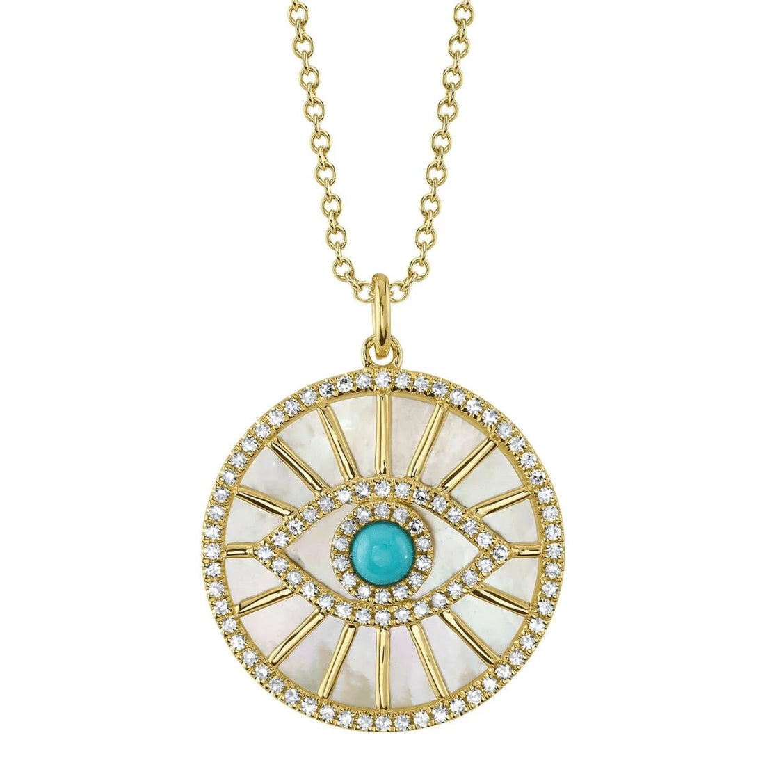 DIAMOND, TURQUOISE, AND MOTHER OF PEARL EYE PENDANT IN 14K YELLOW GOLD