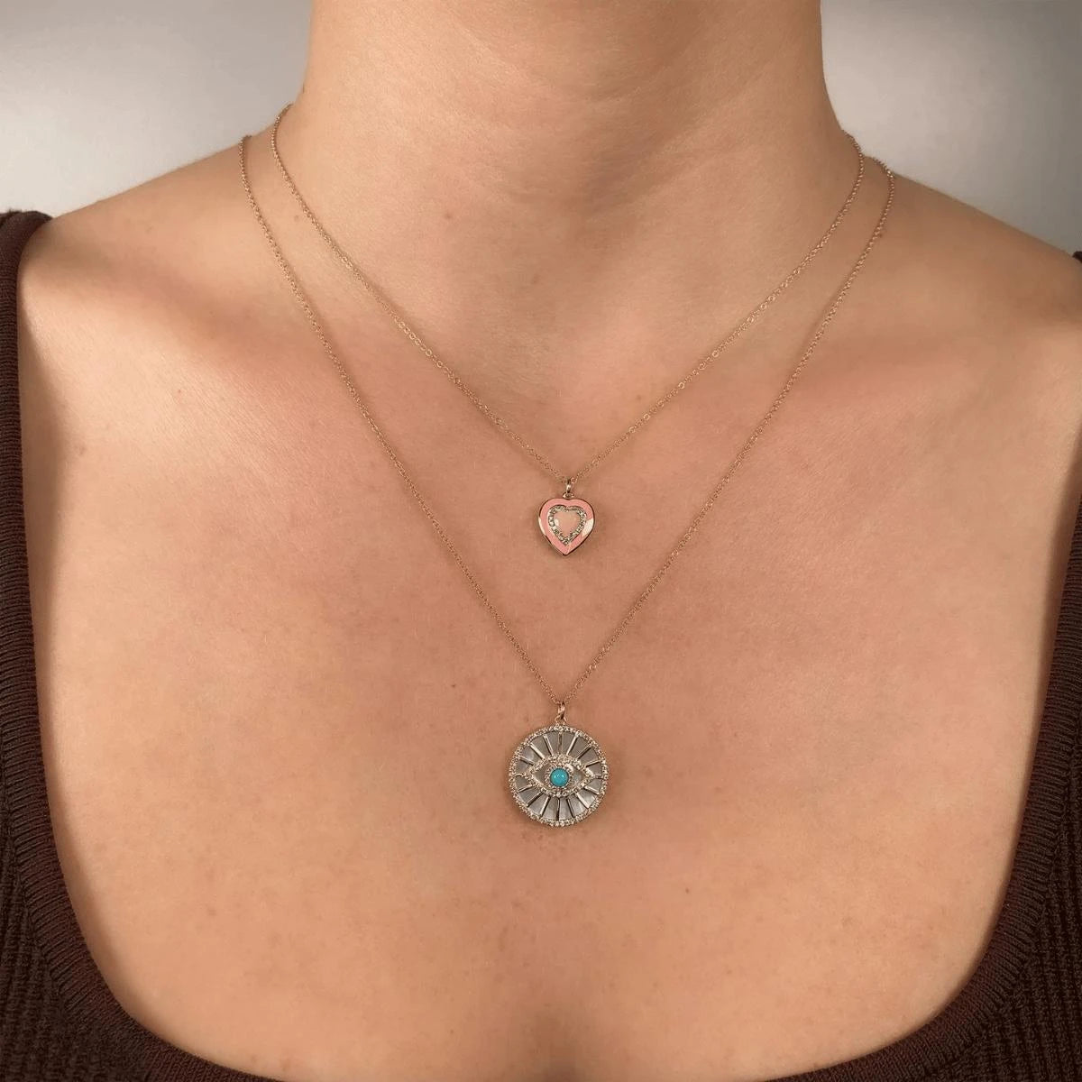 DIAMOND, TURQUOISE, AND MOTHER OF PEARL EYE PENDANT IN 14K YELLOW GOLD