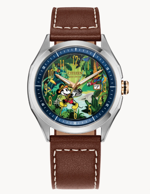 Citizen Mickey Mouse Explorer | Eco-Drive Watch | Silver-Tone Stainless Steel | Brown Leather Strap | Disney Collaboration | AW1149-06W - Brownee Jewelers