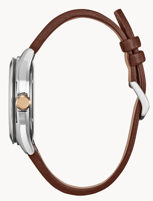 Citizen Mickey Mouse Explorer | Eco-Drive Watch | Silver-Tone Stainless Steel | Brown Leather Strap | Disney Collaboration | AW1149-06W - Brownee Jewelers