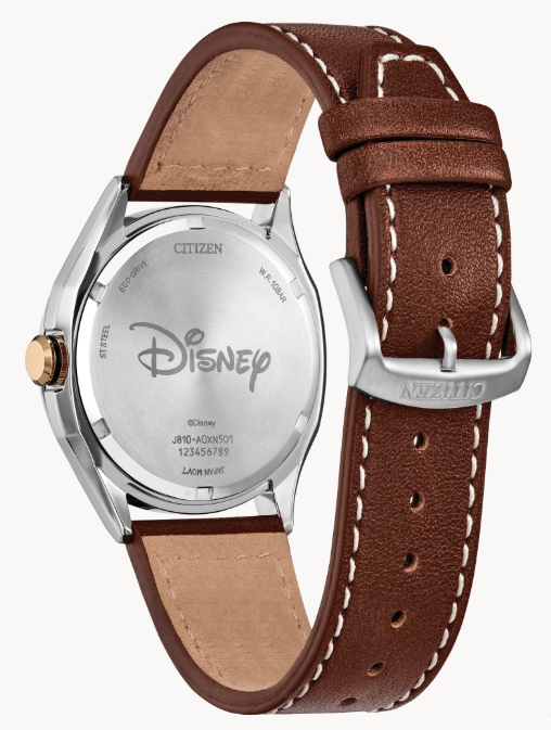 Citizen Mickey Mouse Explorer | Eco-Drive Watch | Silver-Tone Stainless Steel | Brown Leather Strap | Disney Collaboration | AW1149-06W - Brownee Jewelers