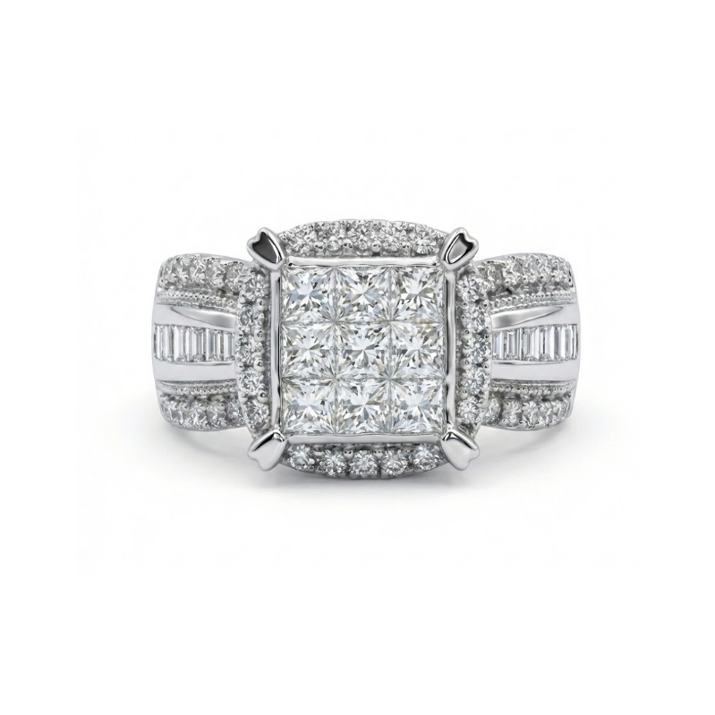 Princess Cut Diamond Cluster Halo Ring | 10K White Gold | Diamond Fashion Ring - Brownee Jewelers