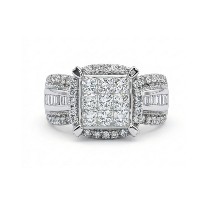 Princess Cut Diamond Cluster Halo Ring | 10K White Gold | Diamond Fashion Ring - Brownee Jewelers