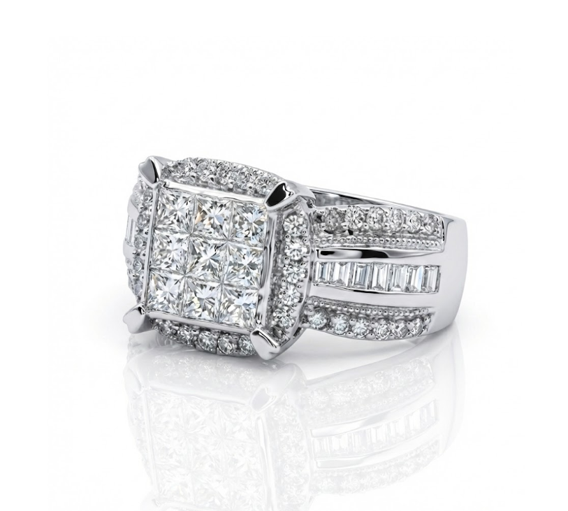 Princess Cut Diamond Cluster Halo Ring | 10K White Gold | Diamond Fashion Ring - Brownee Jewelers