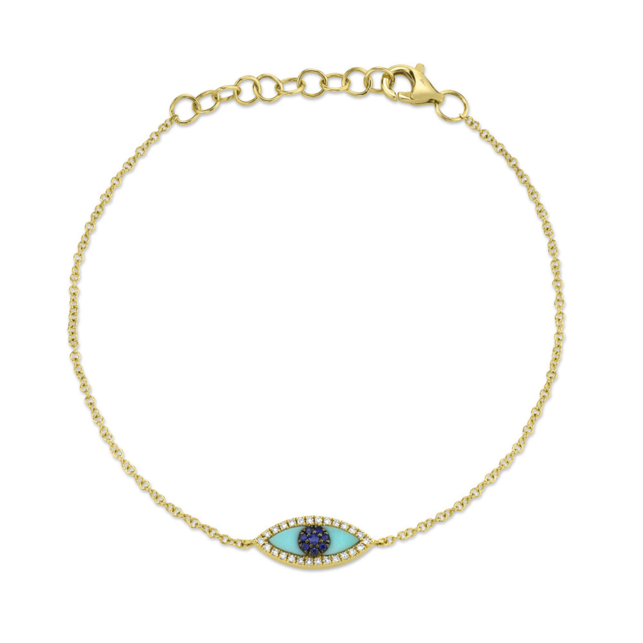BLUE SAPPHIRE & COMPOSITE TURQUOISE EYE DIAMOND BRACELET IN 14K YELLOW GOLD