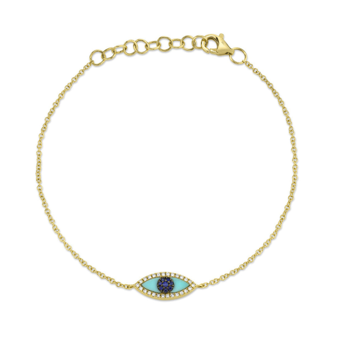 BLUE SAPPHIRE & COMPOSITE TURQUOISE EYE DIAMOND BRACELET IN 14K YELLOW GOLD