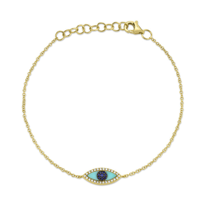 BLUE SAPPHIRE & COMPOSITE TURQUOISE EYE DIAMOND BRACELET IN 14K YELLOW GOLD