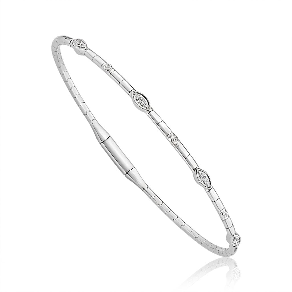 6.75 Inch Sterling Silver Diamond Marquise Flex Bangle Bracelet with 1/10 CT Diamonds