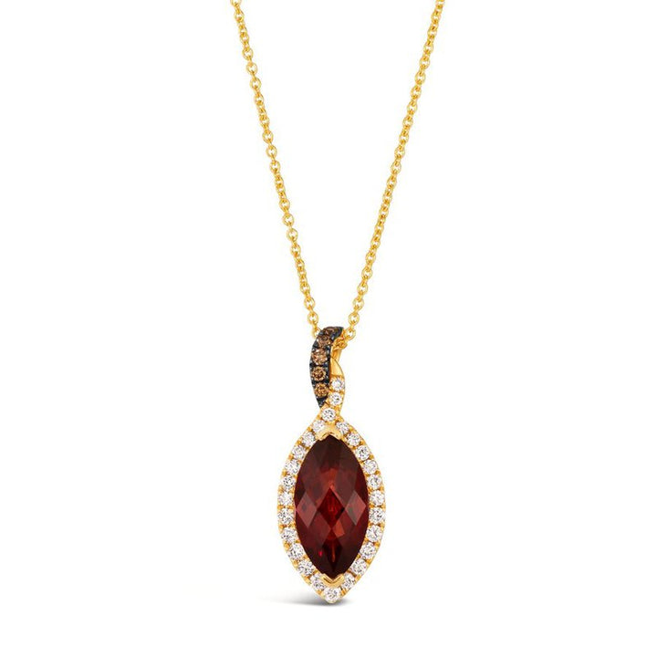 Le Vian® Pomegranate Garnet™ & Diamond Pendant in 14K Honey Gold™ Rich, vibrant, and irresistibly elegant — this Le Vian® pendant showcases a stunning 2 ct. Pomegranate Garnet™, cut in a marquise shape to maximize its deep red glow