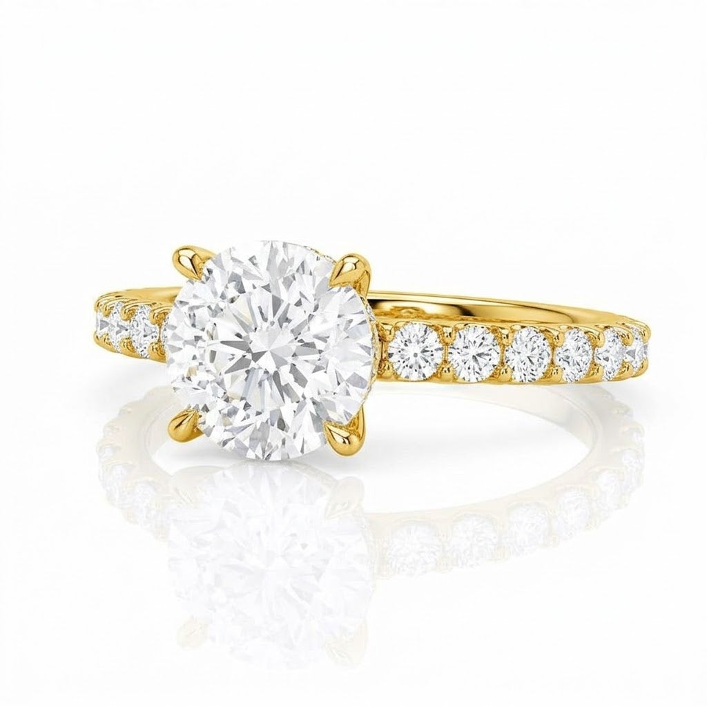 14K YELLOW GOLD 3.50 CARAT CENTER ROUND LAB DIAMOND ENGAGEMENT RING WITH ROUND LAB DIAMONDS ON THE BAND 
