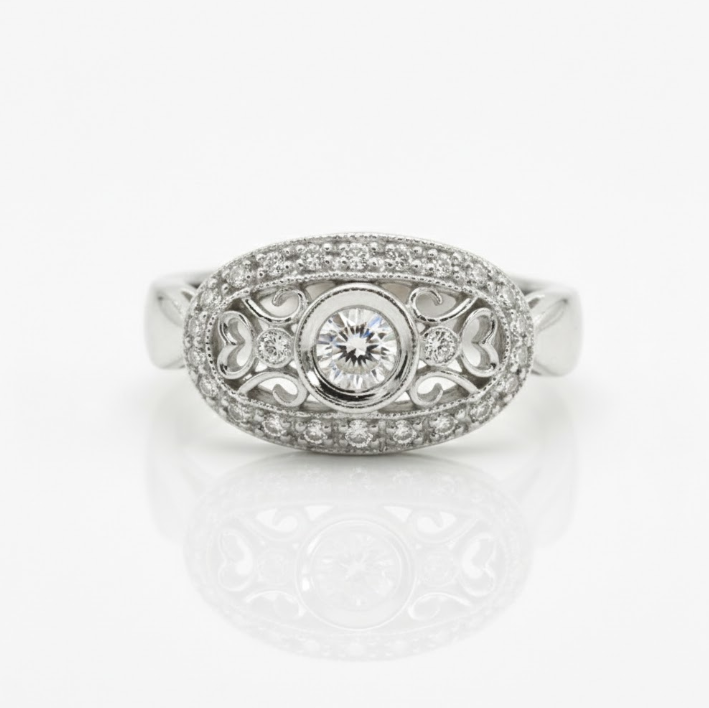 Vintage-Style Diamond Filigree Ring | 14K White Gold | Milgrain Halo Statement - Brownee Jewelers