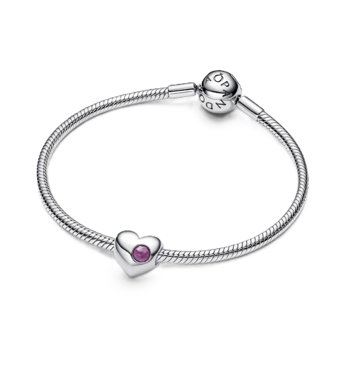 Pandora February Birthstone Heart Charm in Sterling Silver with a Purple Man-Made Crystal