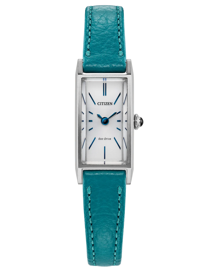 Fio | Citizen Eco-Drive Ladies Watch | Stainless Steel | White Dial Blue Accents | Aqua Leather Strap - Brownee Jewelers